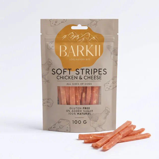 Barkii Soft Stripes Hundegodbidder Kylling Ost 100 g Kornfri