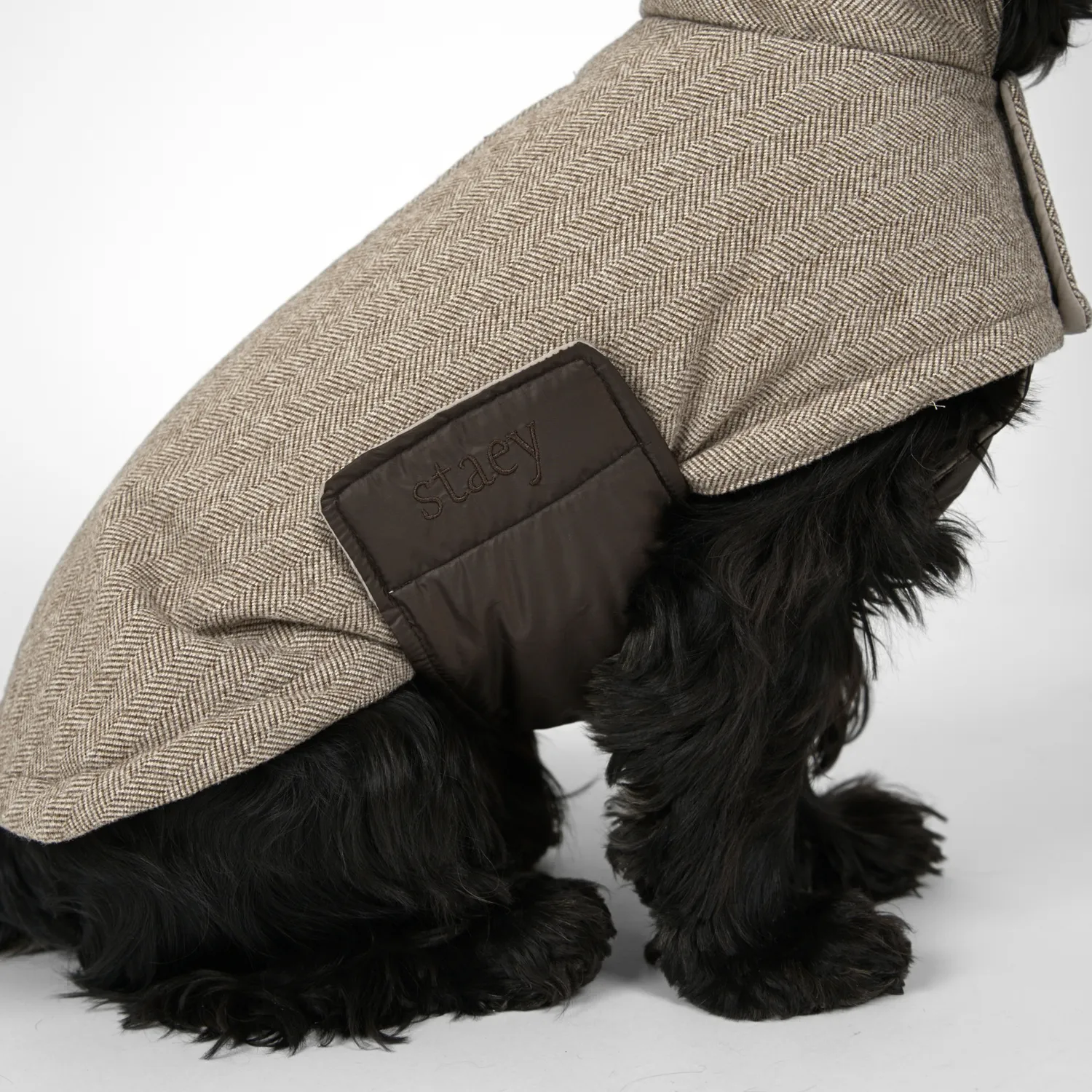 Staey Nora hundefrakke herringbone mocca overgang
