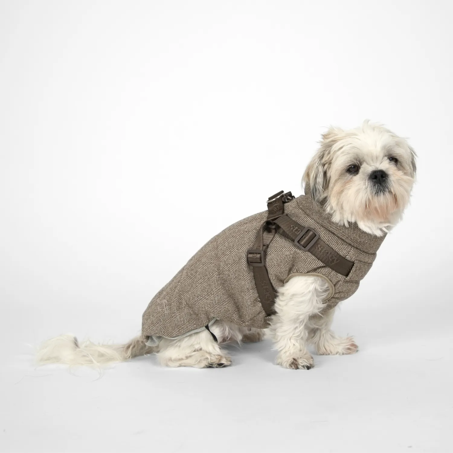 Staey Vera hundefrakke med sele Herringbone Mocca